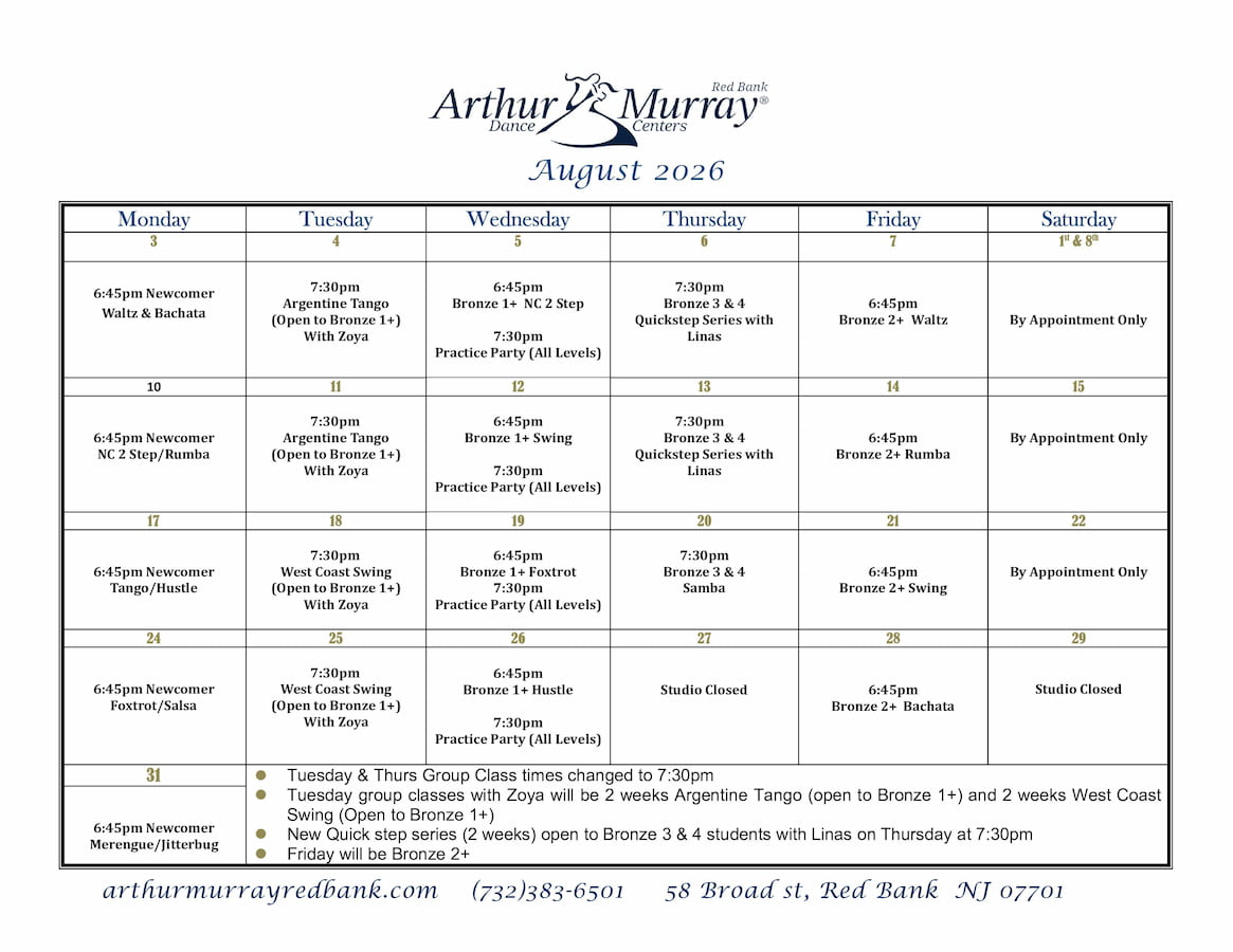 Arthur Murray Red Bank Group Class Calendar